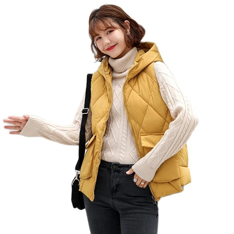 

2021 New Hooded Women Winter Vests Solid Zipper Autumn Ladies Casual Padded Sleeveless Jacket Quilted Fashion Waistcoat Female