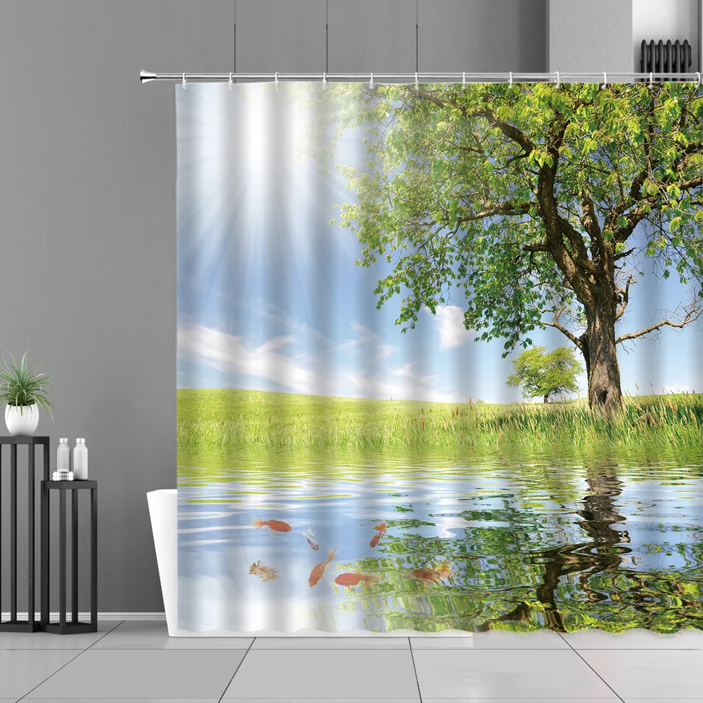 

Занавеска для душа с 3D рисунком рыб плавать в реке под солнцем Полиэстеровая Водонепроницаемая занавеска для ванны