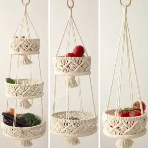 3-уровневая подвесная корзина для макраме, домашний декор в стиле бохо, держатель для цветов и растений, подвесная корзина для фруктов для ку...