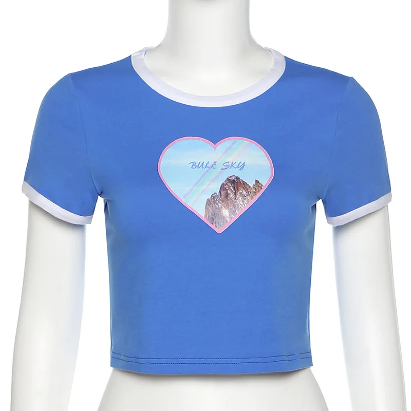 

Women Cotton T-Shirt Street Slim Love Pattern Printed Round Neck Short-Sleeved Splicing Navel T-Shirt Casual Fashion 2021 New