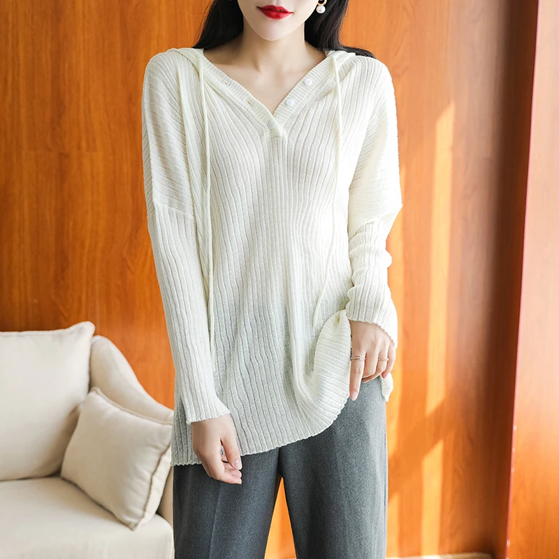 

Spring and Autumn New Pure Wool Sweater female V tie hat Pullover sweater long sleeve wild drop casual knit bottoming shirt
