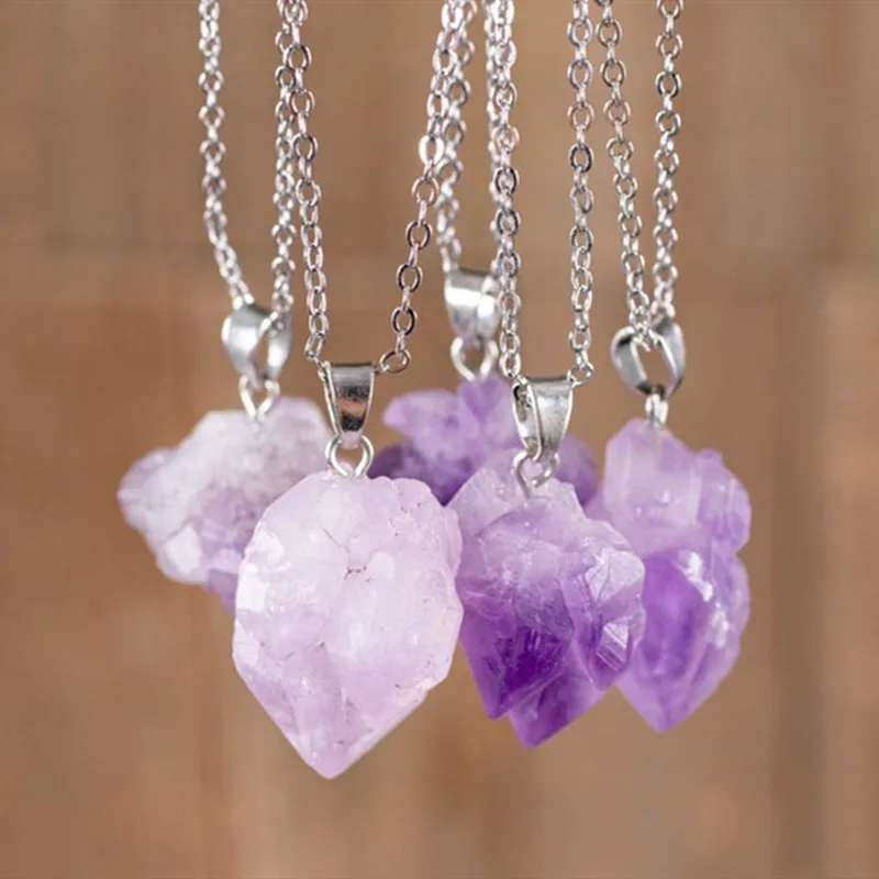 

Natural Stone Purple Pendant Necklace Amethysts Crystal Brazil Druzy Irregular Shape Lavender Chakra Jewelry Necklace