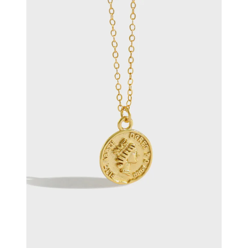 

925 Sterling Silver 18K Gold Plated Simple Round Chain Goddess Medal Carved Gold Coin Pendant Necklace for Women Teen