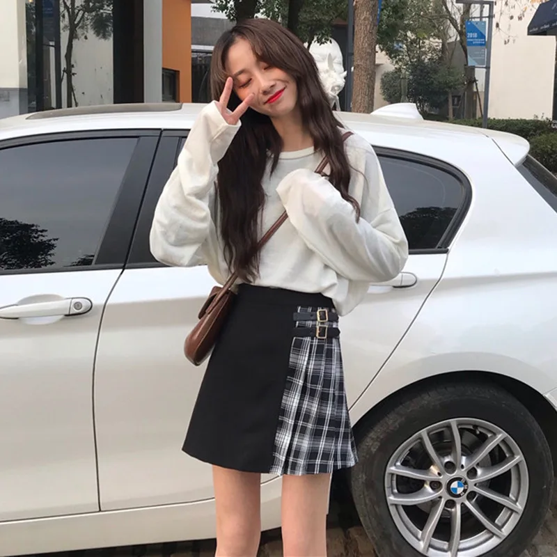 

Fashion Women Skirt Plaid Patchwork Pleated Skirts High Waist A Line Shape Check Pattern Half Mini Skirt Streetwear