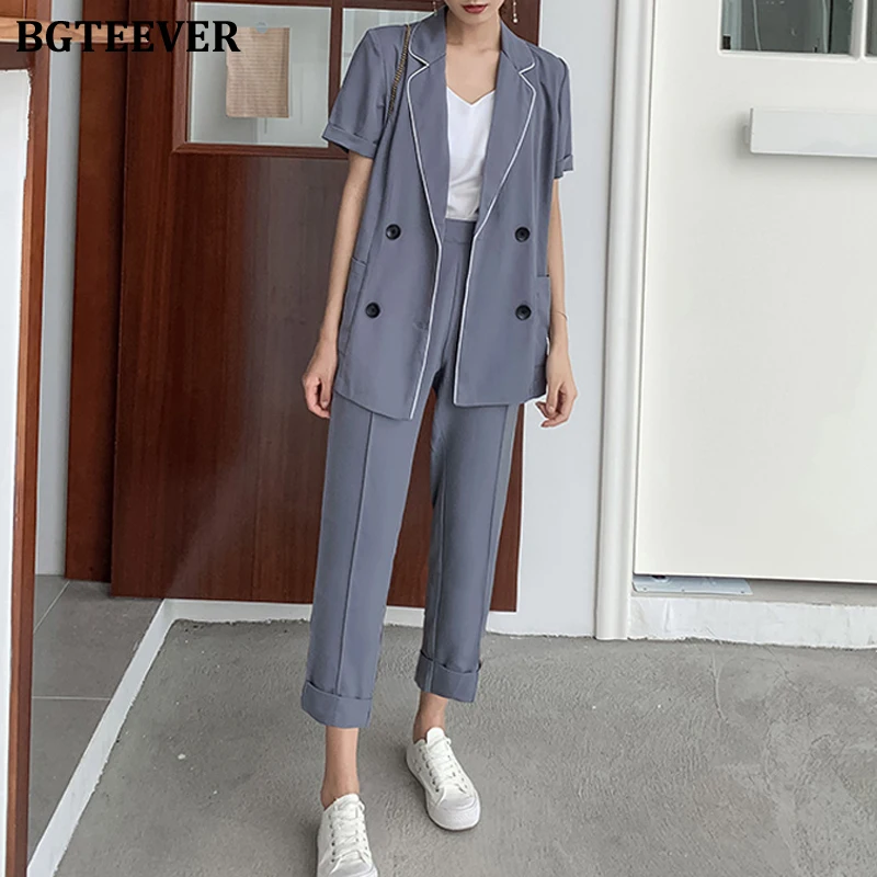 BGTEEVER Повседневный двубортный женский пиджак и прямые брюки с высокой талией