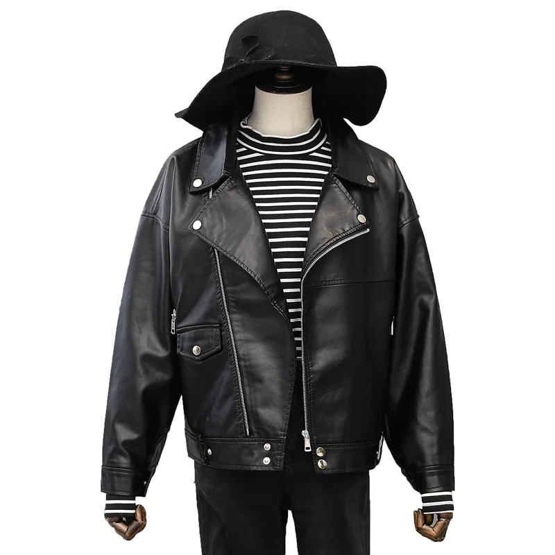 Весенняя черная Свободная куртка из искусственной кожи Женская мотоциклетная на