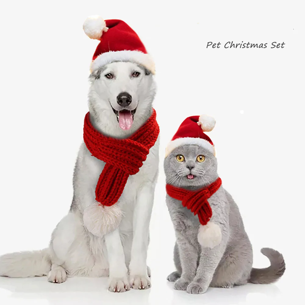 

Cat Santa Hat with Scarf -Christmas Costume Set Puppy Dog Cat Santa Hat Red Pet Scarf Pet Apparel for Dogs and Cats S M L