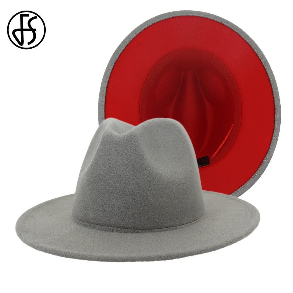 

FS 60CM Hat 2020 Grey Red Patchwork Felt Hat Women Men Wide Brim Wool Jazz Fedora Hats Panama Trilby Cap Trend Gambler Caps