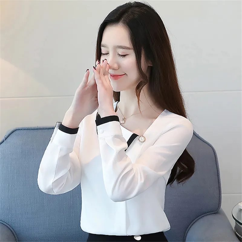 

2020 Spring Fashion Women Tops And Blouses Long Sleeve Chiffon Splice Solid Shirts Slash Neck Casual Lady Clothes Blusa Feminina