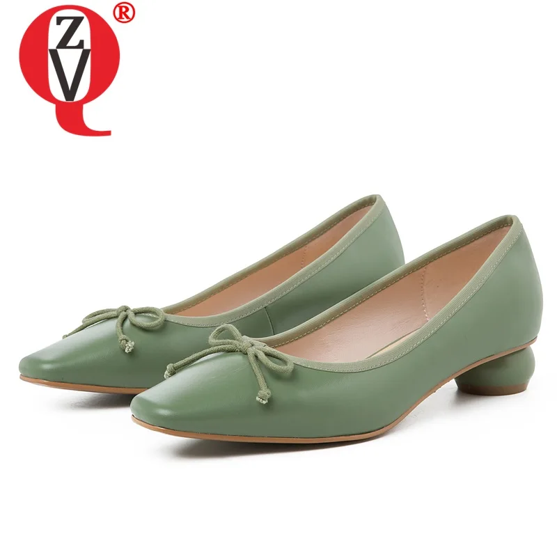 

ZVQ Woman Pumps Natural Genuine Leather Green Apricot Pointed Toe Wedding Shoes Bowtie Shallow High Heels women's Shoes Lolita