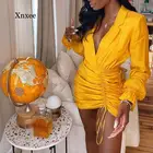 Сексуальное женское мини платье-футляр сумка в стиле Хип плиссированное платье с длинным рукавом на завязках облегающие Клубные вечерние Повязки цвет: желтый, черный; Одежда для девочек; Vestido