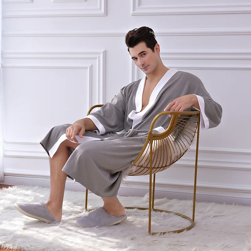 

Men Waffle Kimono Robe Bathrobe Gown Casual Nightwear Intimate Lingerie Homewear Short Home Clothing Sleepwear Nightgown