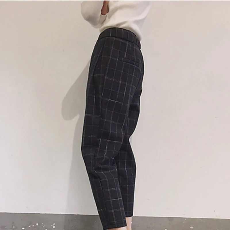 

New Fashion Women Pants Pockets Plaid Womens Loose Casual Female High Waist Pant Females Korean Style Retro Chic Students Girls