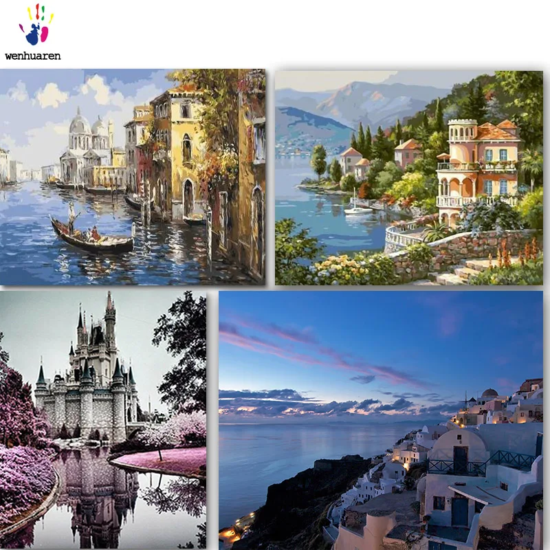 DIY colorings pictures by numbers with colorsRiverside castle picture drawing painting framed Home | Дом и сад