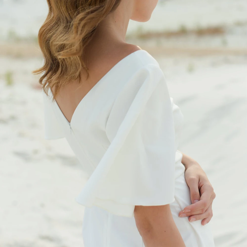 

2021 New V Neck Satin Boho cheap Wedding Dress Summer Beach Wedding Gowns White robe de mariage Flare Sleeve Vestidos De Noiva