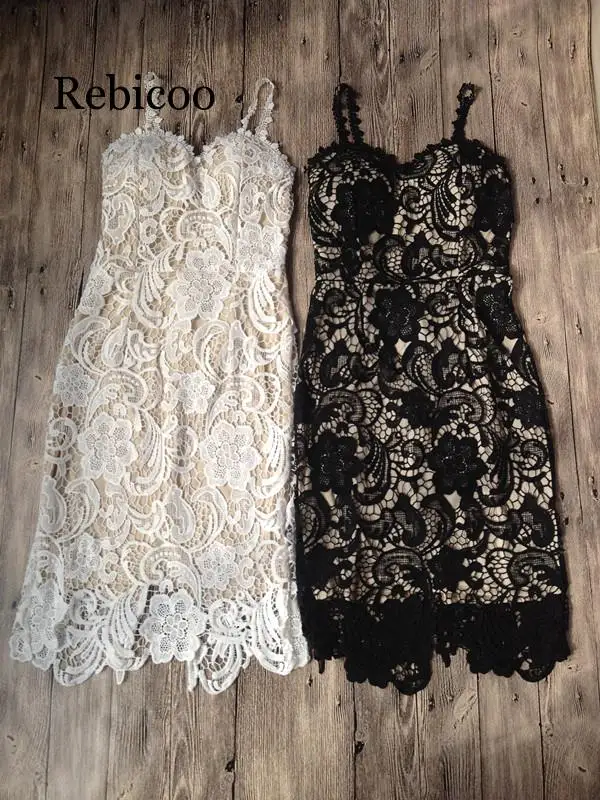 

Europe and the United States 2019 new lace openwork hook flower Slim sexy strap V-neck open back dress