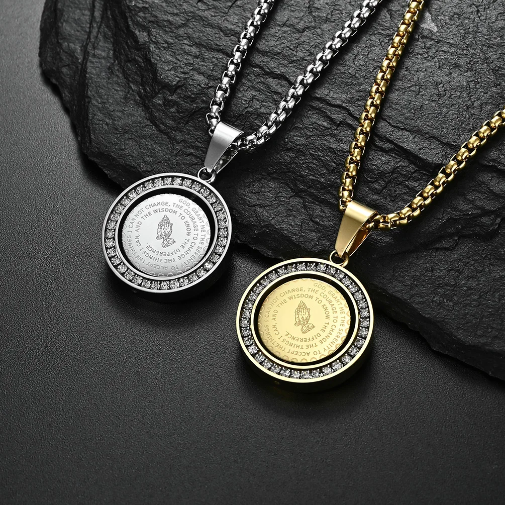 

New Necklace Rotatable Prayer Hands Bible Prayer Text Titanium Steel Pendant CHRISTIAN Metal Stainless Steel Circle Fashion