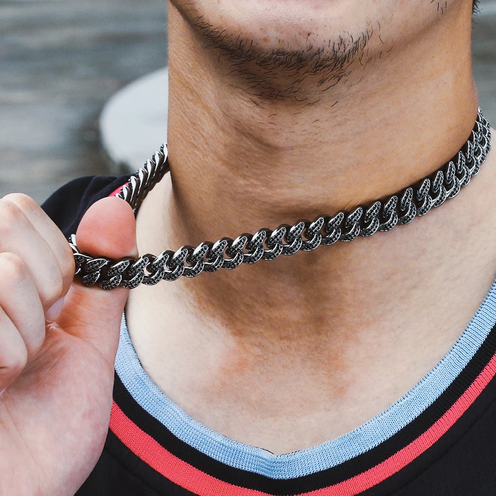 12 мм Bling Iced Out Майами кубинская звено цепи черный 18/20 дюймов ожерелье с Cz микро-набор Высокое качество раппер цепи хип хоп ювелирные изделия