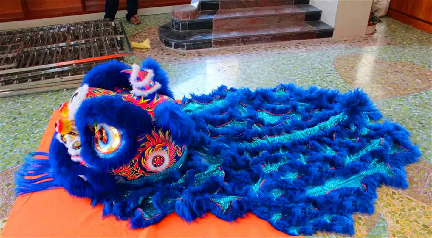 

Lion Mascot Dance Costume Wool Southern Lion China Folk Art Blue for Two Adults Cosplay Party Dress Outfits Clothing Halloween