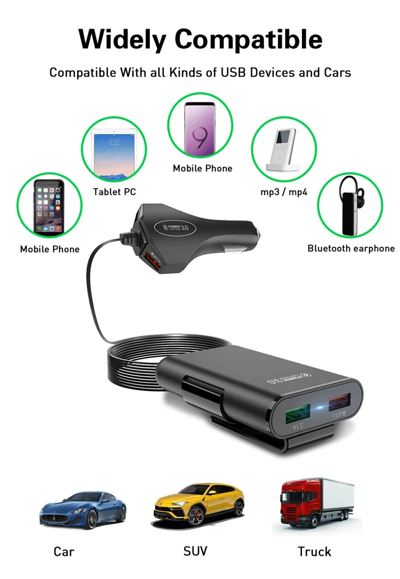 USLION, мульти USB, 4 порта, QC 3,0, автомобильное зарядное устройство, быстрая зарядка, телефон, быстрая зарядка, передний задний сиденье, зажим, зарядный адаптер, портативная вилка для iPhone