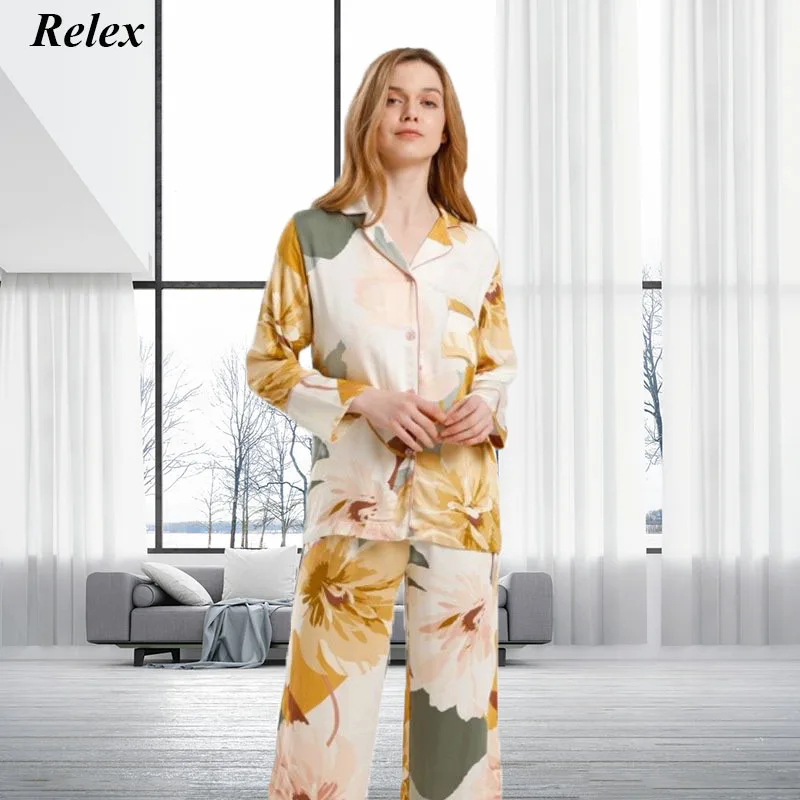 

2021 New Style Women Pajamas Sets Autumn Winter Elegant High-End Cotton Satin Ink Printing Ladies Lapel Home Sleep Wear Suit