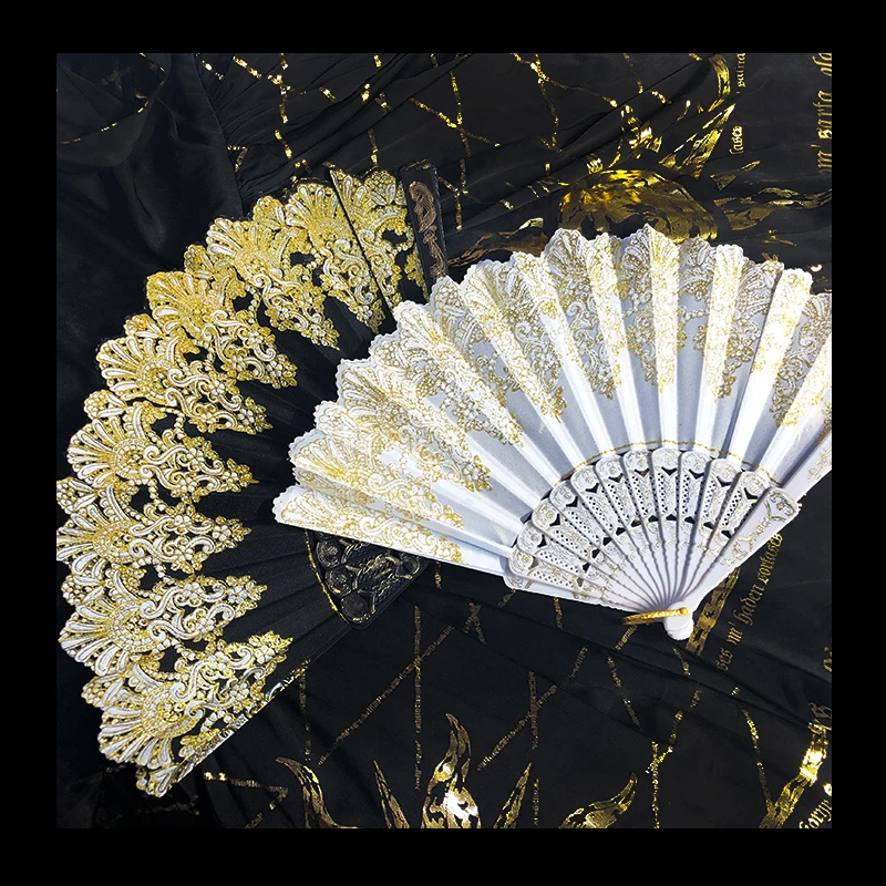 

Folding Fan Black White Bronzing Lolita Flower Wedding Fan Dark Gothic Cosplay