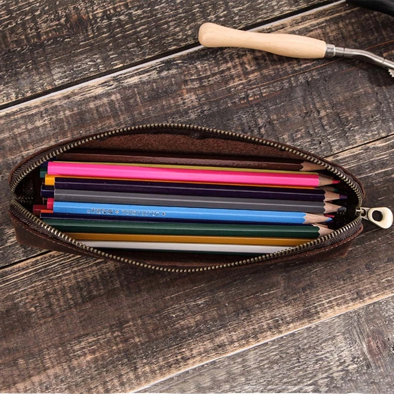 

Retro Cowhide Leather Zipper Pencil Case Business School Office Pen Bag Pouch Dropshipping