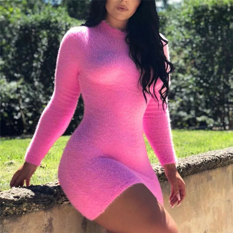 

Autumn Winter Women Warm Knitted Sweater Dress Ladies Long Sleeve O-Neck Pullovers Mini Dress Solid Color Casual Short Dresses