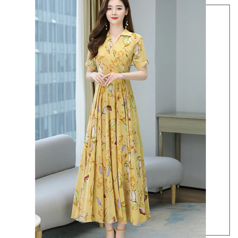 

Women's Summer 2021 Fashion New Style Temperament V-Neck Short-Sleeved Waist Western-Style Chiffon Dress 445
