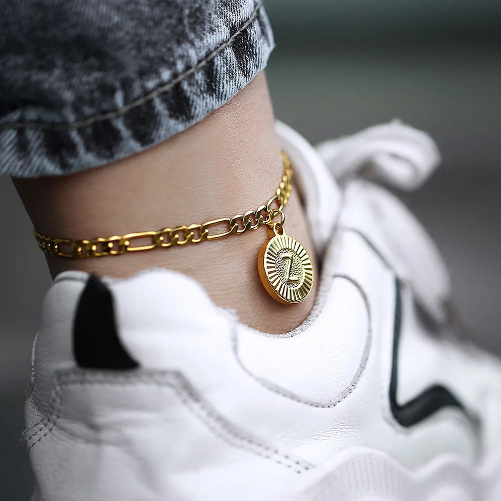 

Fashion 5mm Gold Color Initial Letter Pendant Charm Stainless Steel Figaro Chain Anklet Bracelet For Women Girls Jewelry DKA11