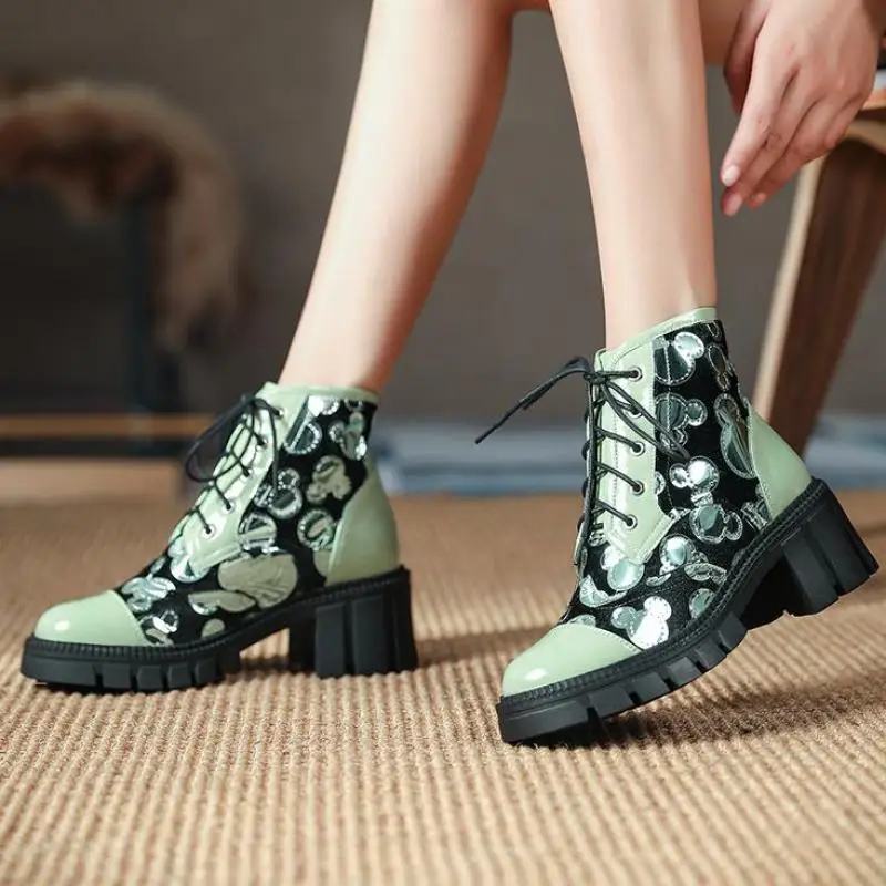 

Winter Women Shoes Fashion Mixed Colors Genuine Leather Platform Boots 2022 New Lace-Up Round Toe Handmade Leisure Ankle Boots