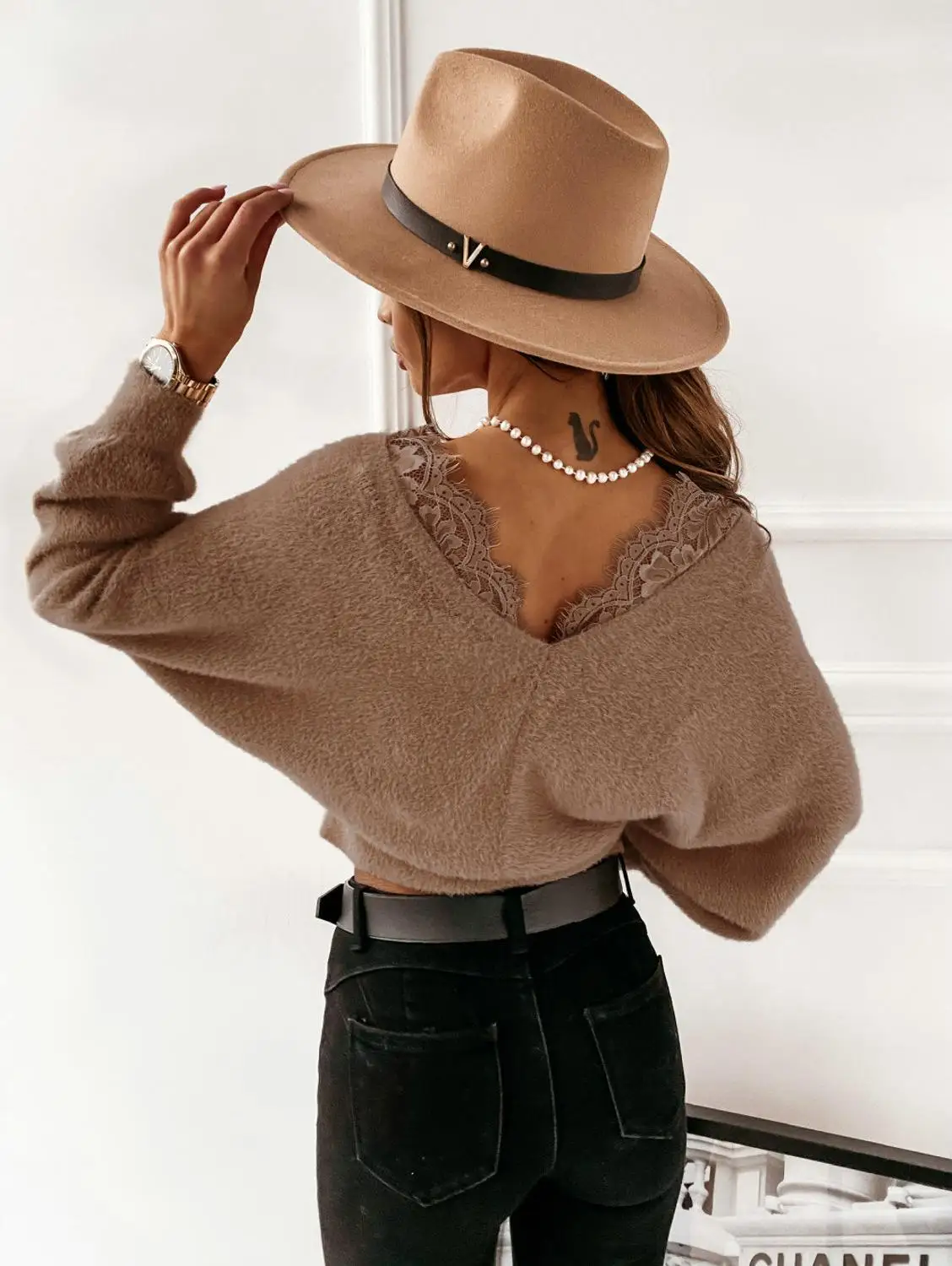 

2020 Autumn and winter tops Sexy solid color lace sling flannel long-sleeved top