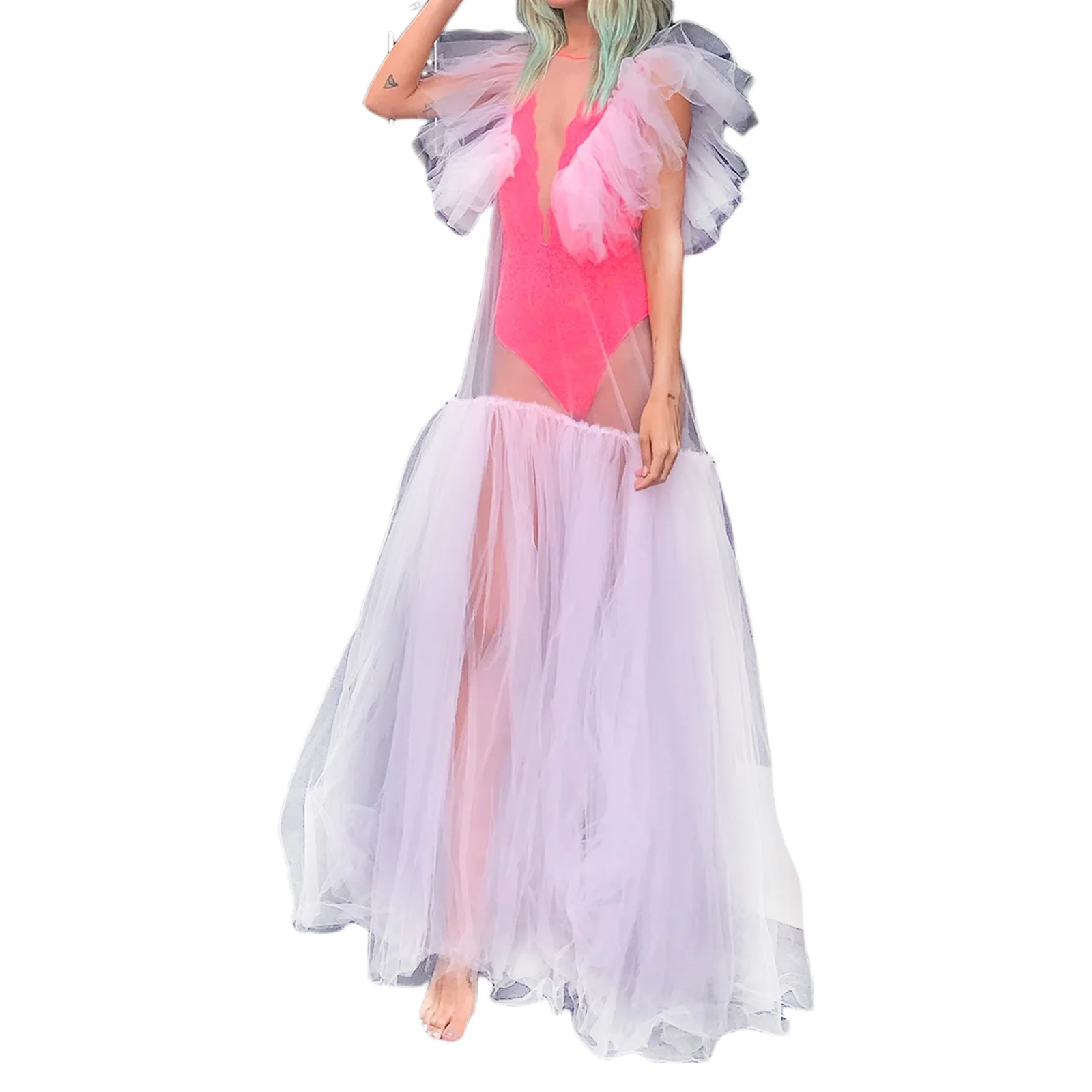 

Women Formal Yarn Dress, Perspective Fly Sleeves V-neck Long One-piece, Beige/ Pink