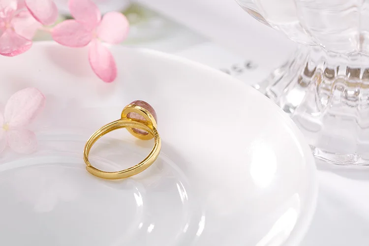 Кольца, 925 пробы, серебро, натуральный клубничный кварц, розовые бусины, кольцо с золотым покрытием для женщин, подарок, хорошее ювелирное изделие, регулируемое