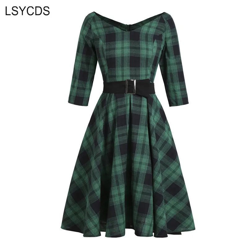 

LSYCDS Винтаж халат, v-образный вырез на шее, платье 2020 осень платье с высокой талией 3/4 Длина рукав женское платье миди-зеленую клетку элегантное 1950s Ретро платья