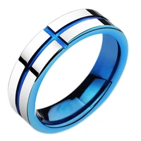 cross groove jesus ring 6mm wide bluegold color stainless steel christian classic church mens ring for women jewelry gifts
