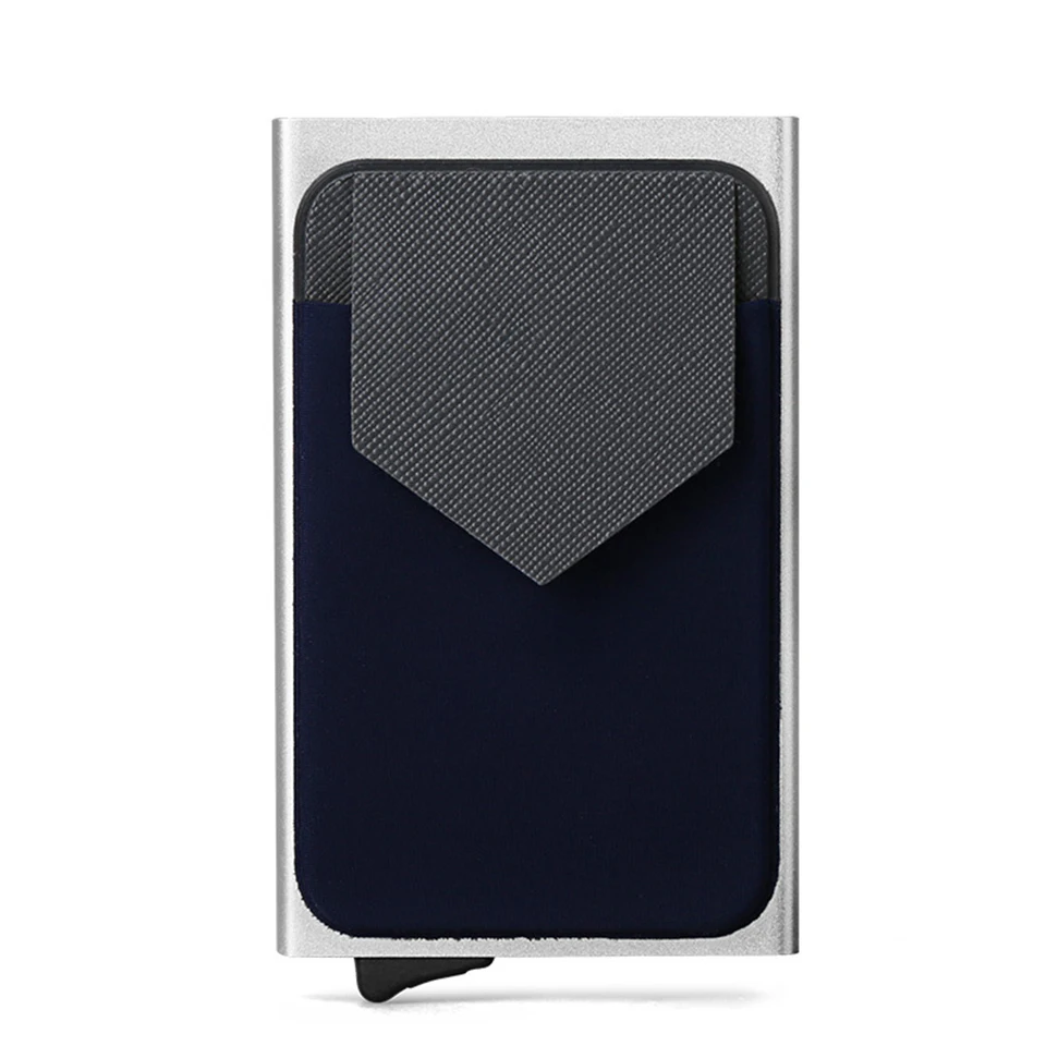 silver box blue E Oswego алюминиевый держатель для кредитных карт кошелек с эластичным задним мешком RFID держатель для банковских карт автоматический футляр для удостоверения личности унисекс - Цвет: silver box blue E