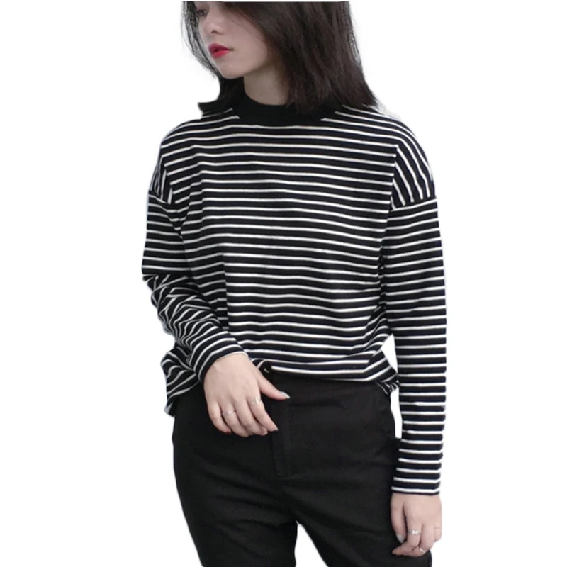 Черно белая полосатая футболка женская одежда в Корейском стиле женские