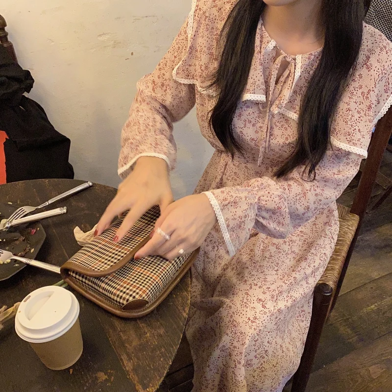 

Korean Chic Super Beautiful Gentle Girl Sweet Sailor Collar Lace-up Waist-Controlled Slimming Floral Print Long Chiffon Dress