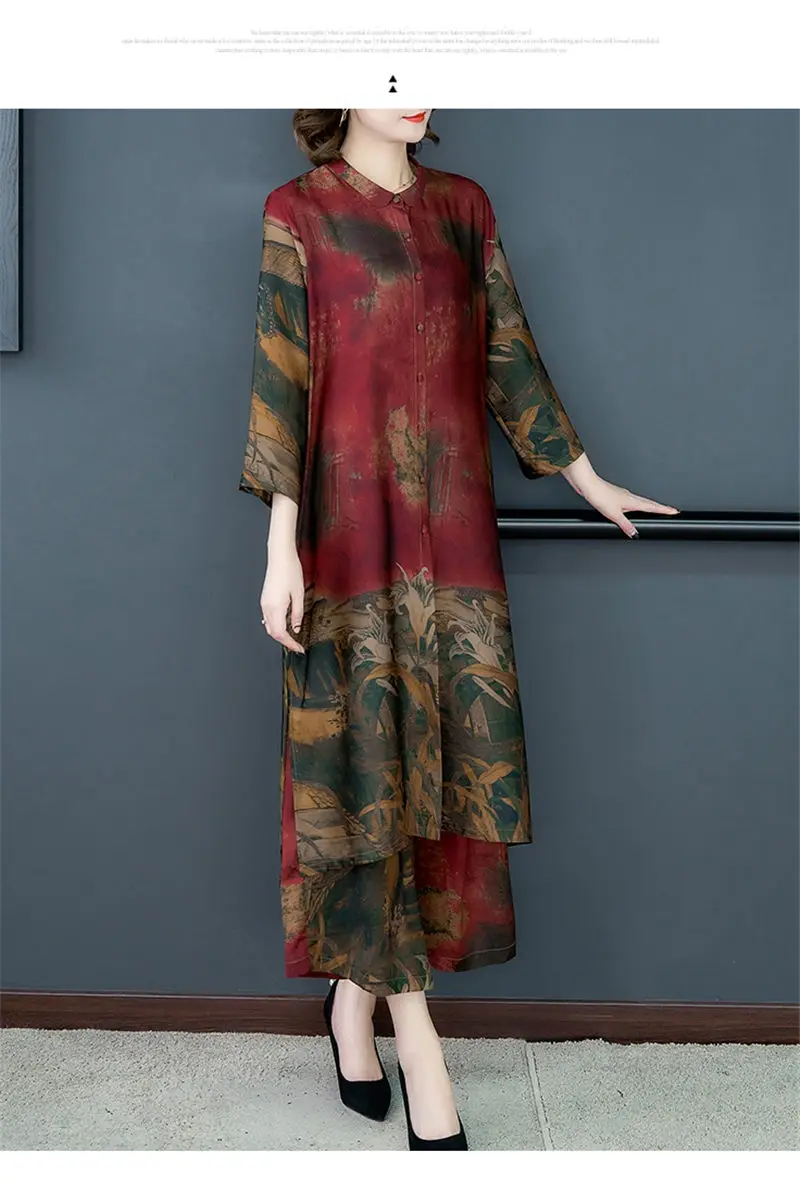 

Retro Two-piece Spring Autumn Plus Size Mid-length Blouse + Wide Leg Pants Fashion Lady Cardigan Tunic Tops Trousers Suit