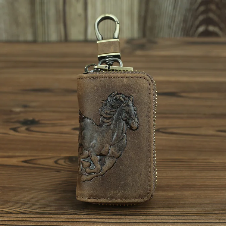 Crazy Horse Brown Натуральная кожа Автомобильный ключ кошелек мужской ключ держатель ключница лошадь резной брелок для ключей чехлы на молнии чехол сумка кошелек - Цвет: Crazy Horse Brown