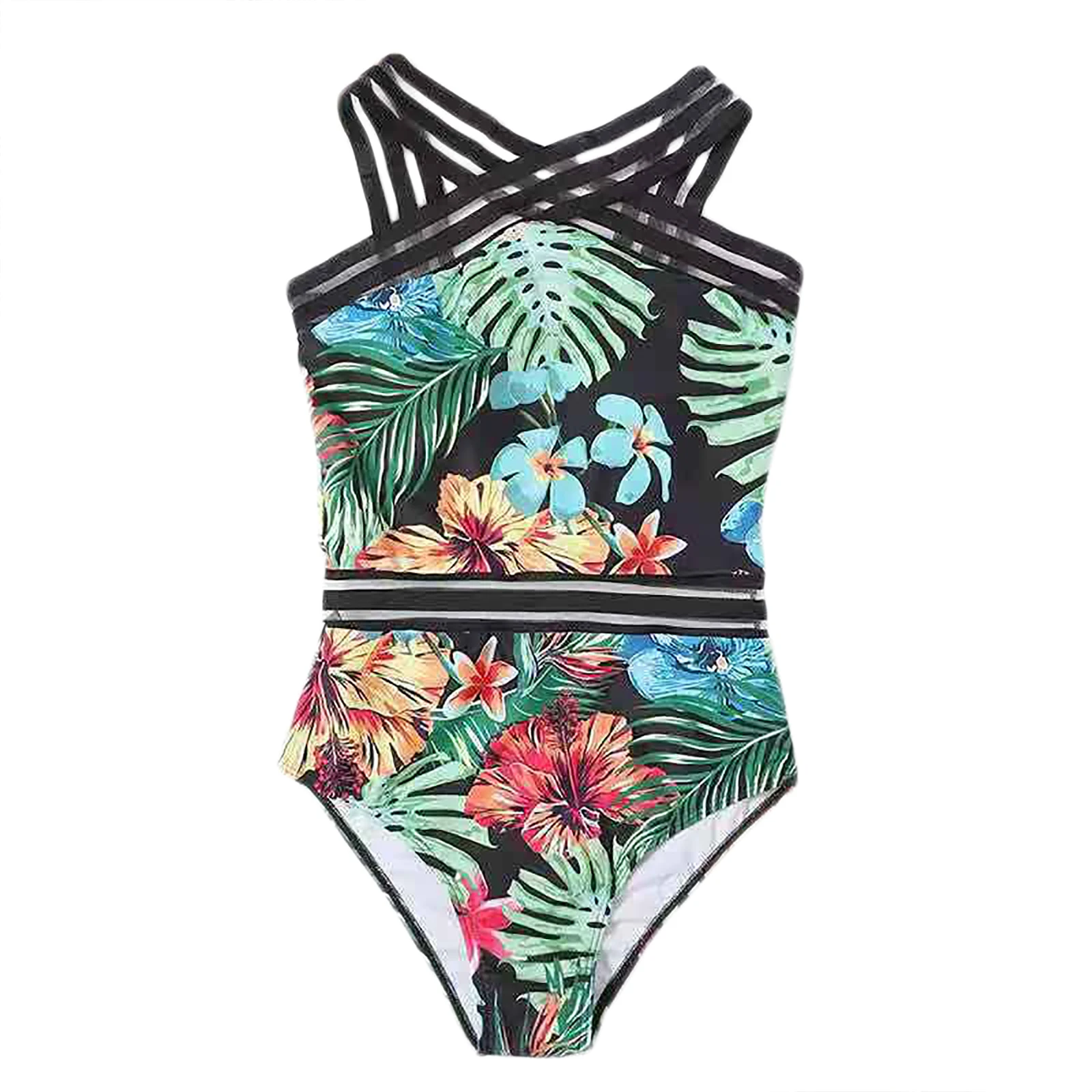 

Hot New Women Swimwear Sexy Leaves Flower Printing Sleeveless High Waist Monokini Halter Swimsuits Beach Bathing Suits