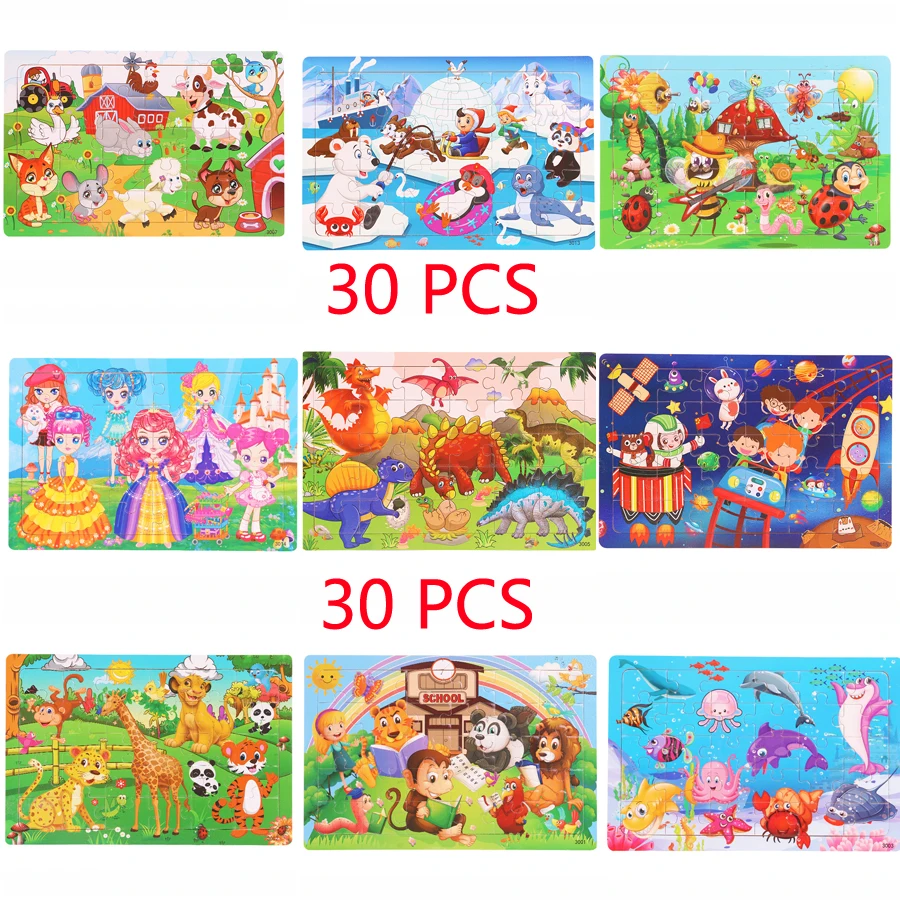 30 Pieces Wooden Toy Jigsaw Puzzle Picture Cartoon Animal Kid Montessori Early Learning Baby Educational Toys for Children Boy | Игрушки и