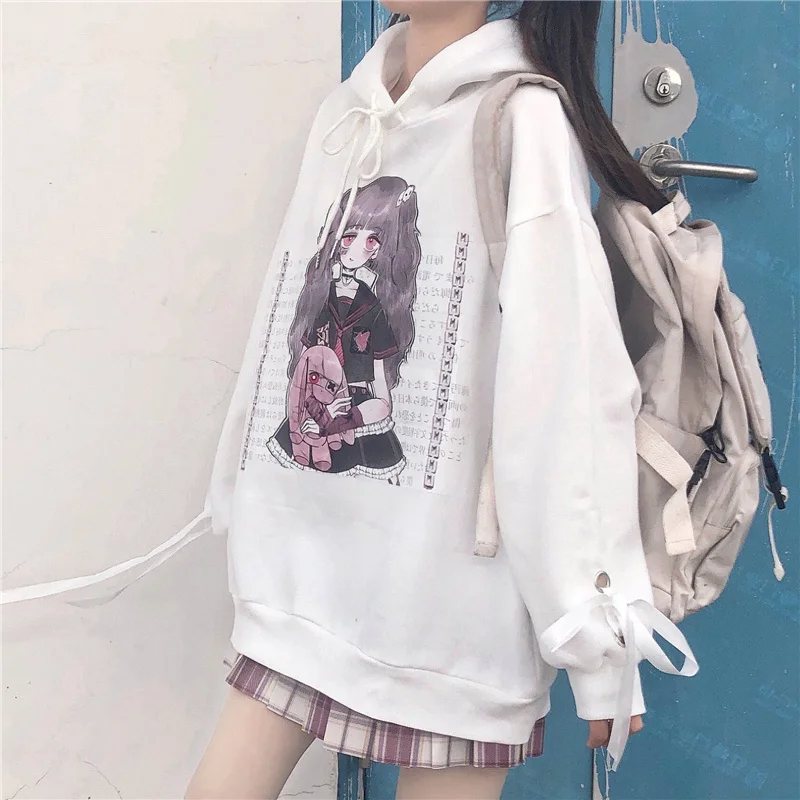 

KOSAHIKI 2021 Spring Fleece Loose Pullovers Harajuku Cartoon Print Hoodies Bandage Bowknot Japanese Kawaii Hooded Sweatshirts