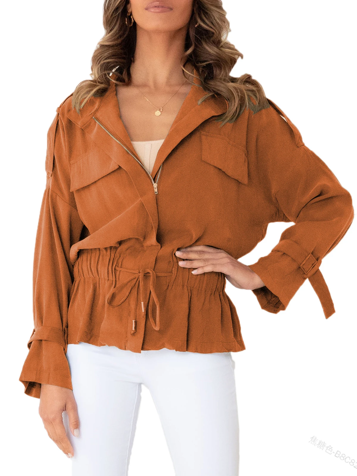 

Oversized Jacket Women Plus Size Outerwear Female Autumn Casual Loose Drop Shoulder Batwing Sleeve Coat Drawstring Zip Up Jacket