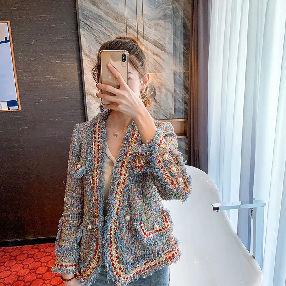 Женская твидовая шерстяная куртка однобортная винтажная короткая с бахромой