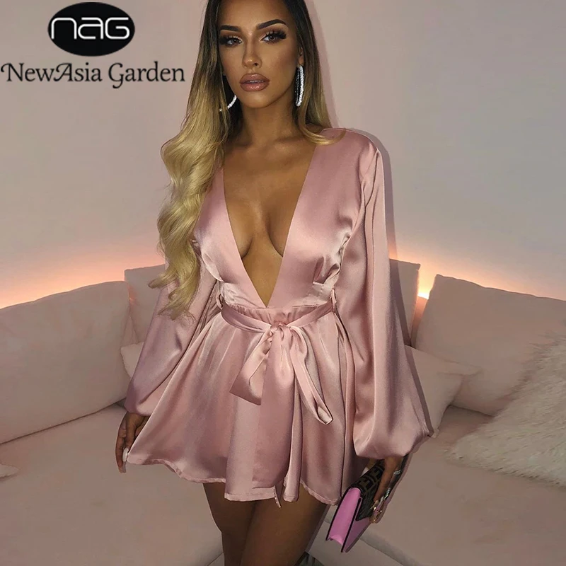 Платье женское атласное с глубоким V образным вырезом длинным рукавом фонариком