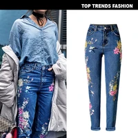 jeans womens fashion bird flower embroidery high waist slim fit straight leg jeans dark blue denim trousers for mom size s 3xl