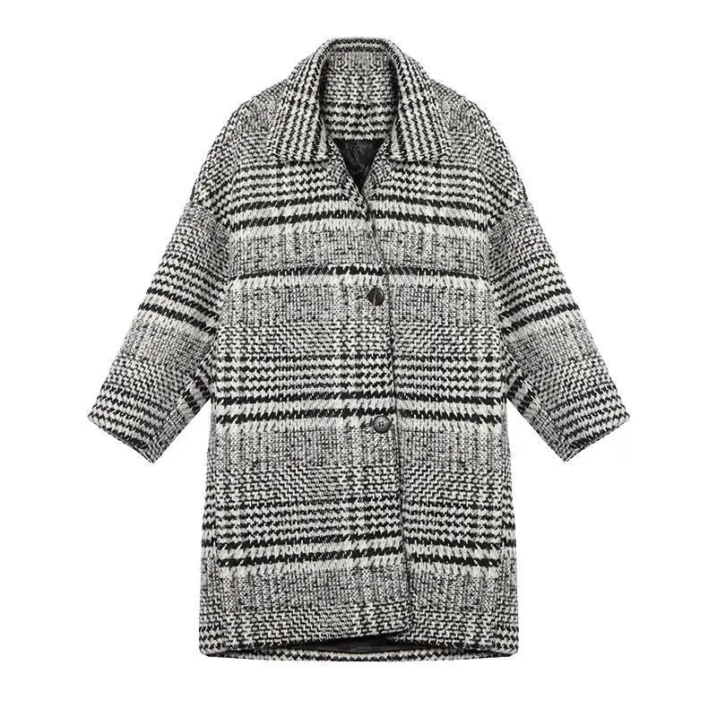 

New Women's Wool Blends Coat Winter Autumn Fashion Elegant Turndown Collar Plaid Long Sleeve Tweed Woolen Outerwear Female Y886