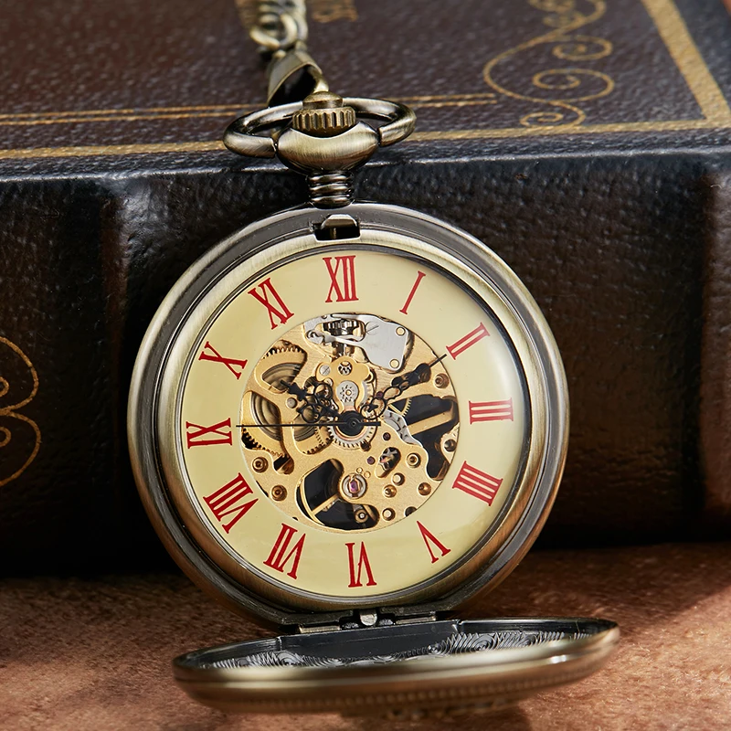 Vintage Dragon Mechanical Pocket Watch Skeleton Laser Engraved Case Bronze Fob Chain Clock for Men Women Collection Dropshipping